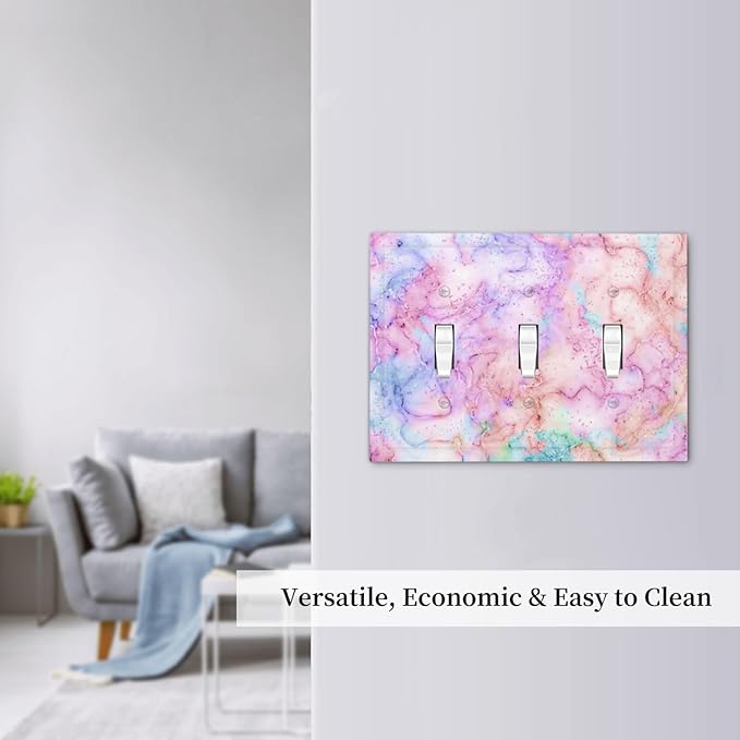Decorative Switch Plate Covers Cute Marble Texture 3 Gang Light Switch Cover Pink Purple Gold Abstract Triple Toggle Wall Plate Electrical Faceplate for Kids Girls Nursery Bedroom Home Decor