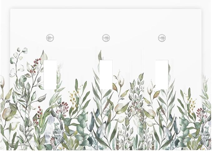 Wildflower Garden Rustic Green Leaf Floral Decorative Switch Plates 3 Gang Wall Plate Triple Toggle Light Switch Cover Faceplate Electrical Wall Panels for Bed Room Living Room Decor