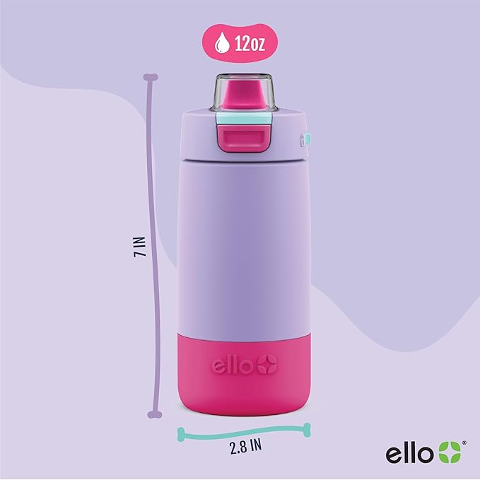 Ello Kids Colby 12oz Stainless Steel Insulated Water Bottle with Straw and Built-In Silicone Coaster Carrying Handle and Leak-Proof Locking Lid for School Backpack, Lunchbox, and Outdoor Sports