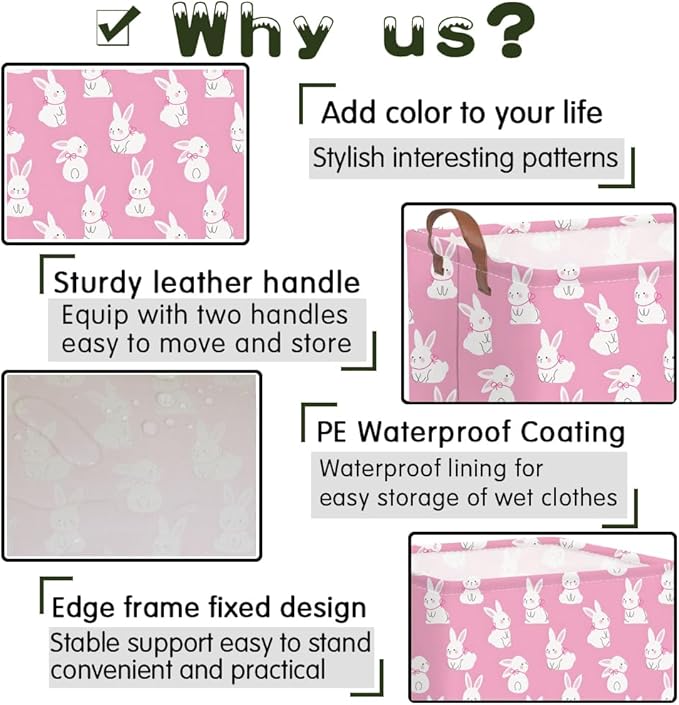 Rectangular Cute Easter basket,Easter basket empty,Storage Basket for baby Bedroom,Toy Gift Organizerm,Kids Storage Bin,Gift baskets,Easters Home Decor(Pink rabbit)