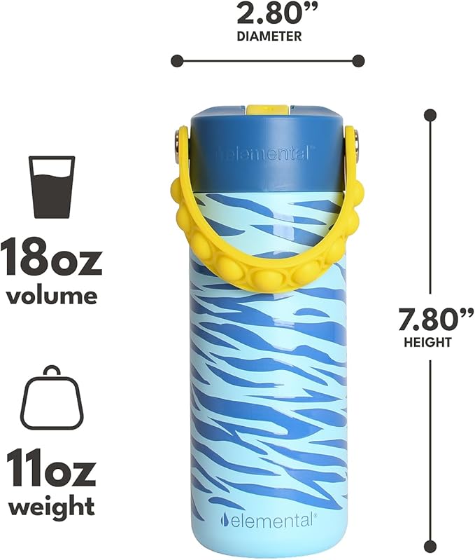 Elemental Insulated Kids Water Bottle, Stainless Steel Water Bottle with Straw Lid & Pop-It Handle, Leak-Proof Water Bottles for School, Boys or Girls, Travelling and Sports, 18oz - Spirit Tiger