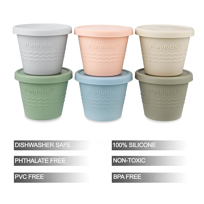 PandaEar 6 Pack Silicone Baby Food Storage Containers (4 oz) -Leakproof & Airtight Reusable Snack Cups with Lids - Freezer, Dishwasher Safe - Versatile Puree Jars for Infants & Toddlers