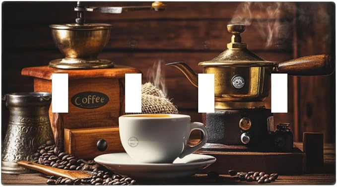 Decorative Switch Plate Cover with Vintage Coffee Retro Grinder Artwork Design 4 Gang Artistic Wall Plate Unique Quad Toggle Light Switch Covers for Rustic Kitchen Decor