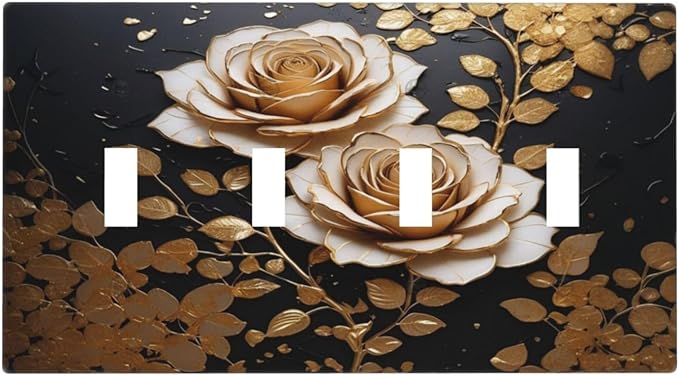 Decorative Light Switch Plate Covers Big Golden White Roses Glod Leaves Black Background 4 Gang Wall Plate Switch Cover Plate Quad Toggle Jumbo Electrical Faceplate for Home Decor