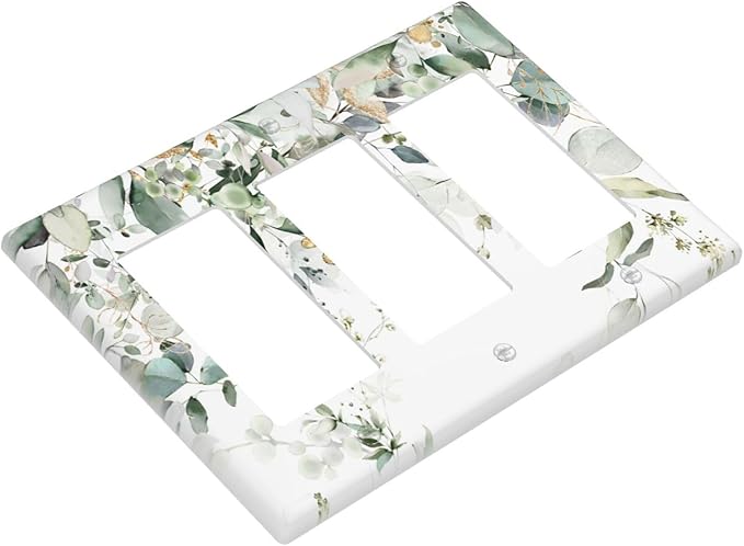 Green Leaves Watercolor Triple Gang Rocker Decorative Light Switch Cover, 3-Gang Wall Plate Outlet Cover