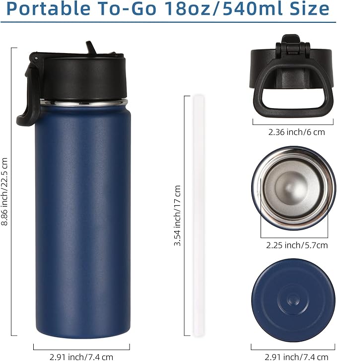 Volhoply 18oz Insulated Water Bottle Bulk 8 Pack,Kids Stainless Steel Water Bottles with Straw Lid,Wide Mouth Reusable Metal Bottle,Double Wall Vacuum Sports Flask for Cold Drink(Navy,8 Set)