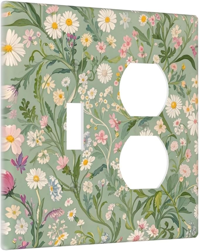 Decorative Switch Cover Plate with Vintage Wildflowers & Daisies on Light Green Background Design Toggle Duplex Wall Plate 2 Gang Light Switch Cover Outlet Covers