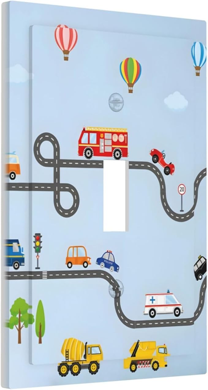 Road Construction Car Truck Hot Air Balloon Decorative Light Switch Cover 1 Gang Single Toggle Device Electrical Faceplate Switchplates Decorator Outlet Wall Plate for Nursery Kids Room Decor