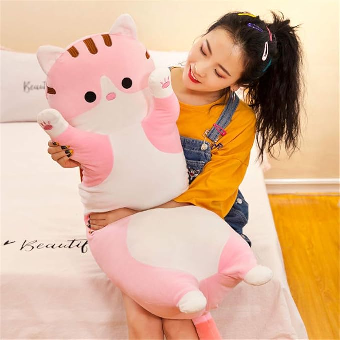 shangman Lovely Plush Cat Doll Cute Cartoon Soft Stuffed Kitten Pillow Long Throw Sleeping Pillow Doll Toy Gift for Kids Girlfriend Multiple Size (Pink,110cm/43.3in)