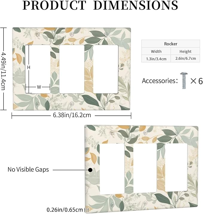 Boho Watercolor Leaves 3 Gang Rocker Outlet Covers Triple Rocker Light Switch Cover Watercolor Green Botanical Wall Plate Decorative Faceplate for Bedroom Kitchen Living Room Decor