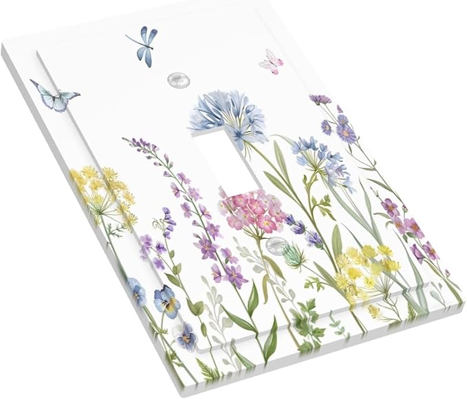 Colorful Wildflowers Dragonfly Lavender Butterfly Insect Decorative Light Switch Cover 1 Gang Single Toggle Device Electrical Faceplate Switchplates Decorator Outlet Wall Plate for Bedroom Living Room