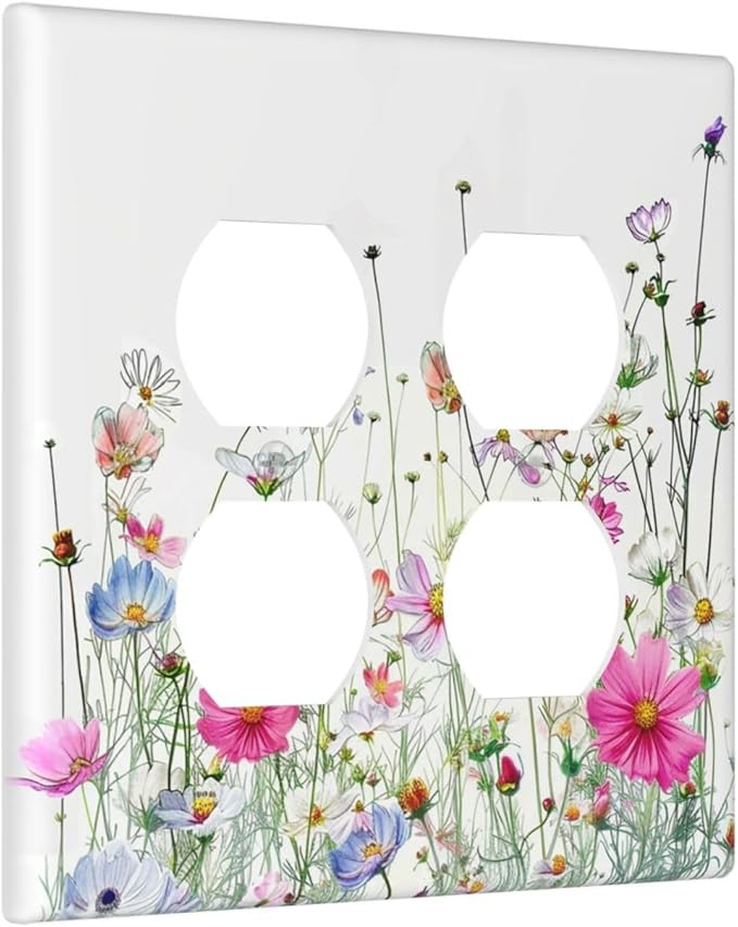 Outlet Covers Boho Colorful Flowering Plant Wild Flower 2 Gang Double Duplex Decorative Light Switch Covers Electrical Wallplates Socket Faceplate For Bed Room Living Room Decor