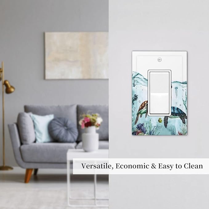Sea Turtles Sea Coral Seaweed Ocean Jellyfish Decorative Outlet Covers 1 Gang Single Rocker Light Switch Cover Plate Wall Plates GFCI Faceplate for Kids Room Bathroom Decor