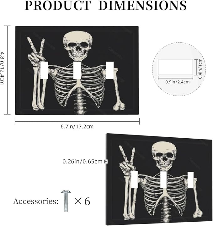 Decorative Switch Plates Skeleton Skull Boho Hippie Dark Background 3 Gang Wall Plate Triple Toggle Light Switch Cover Faceplate Electrical Wall Panels For Cabin Office Decor