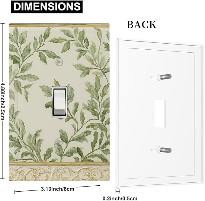 Soft Green Botanical Scroll 1-Gang Toggle Light Switch Plate, Regency Style Leafy Vine Design Decorative Wall Plate for Bedroom Living Room Decor