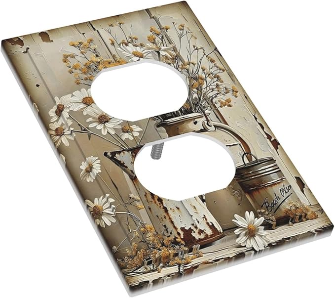Rustic Flowers Daisy Floral White Wooden Planks Outlet Covers 1 Gang Duplex Light Switch Cover Decorative Switch Plates Electrical Receptacle Faceplate Wall Plate for Farmhouse Home Decor