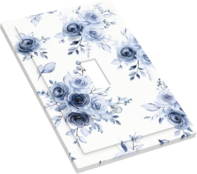 Watercolor Blue Roses 1-Gang Toggle Light Switch Plate, Serene Floral French Country Vintage Bouquet Decorative Wall Plate for Farmhouse Homes
