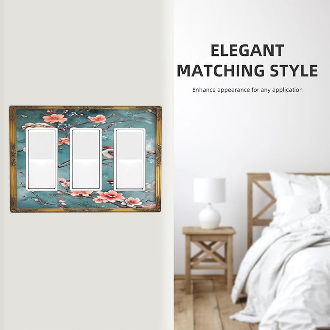 Decorative Art Light Switch Covers Birds on Branches 3 Gang Triple Rocker Outlet Switch plate GFCI Faceplate GFCI for Home Decor