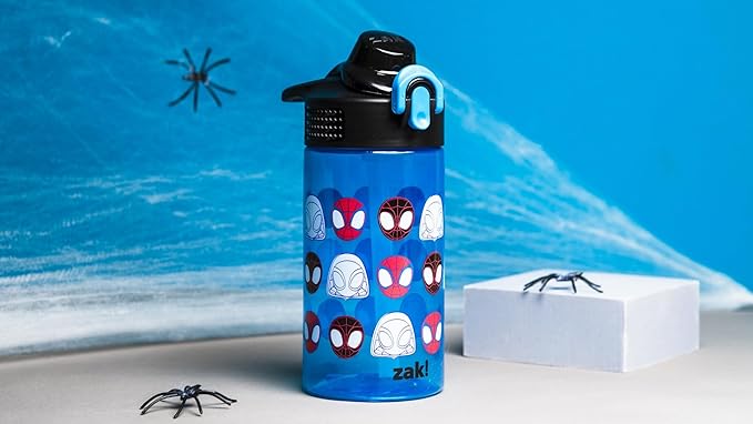 Zak Designs Marvel Spider-Man Sage Water Bottle For School or Travel, 16oz Durable Plastic Water Bottle With Straw, Handle, and Leak-Proof, Pop-Up Spout Cover (Spidey and His Amazing Friends)