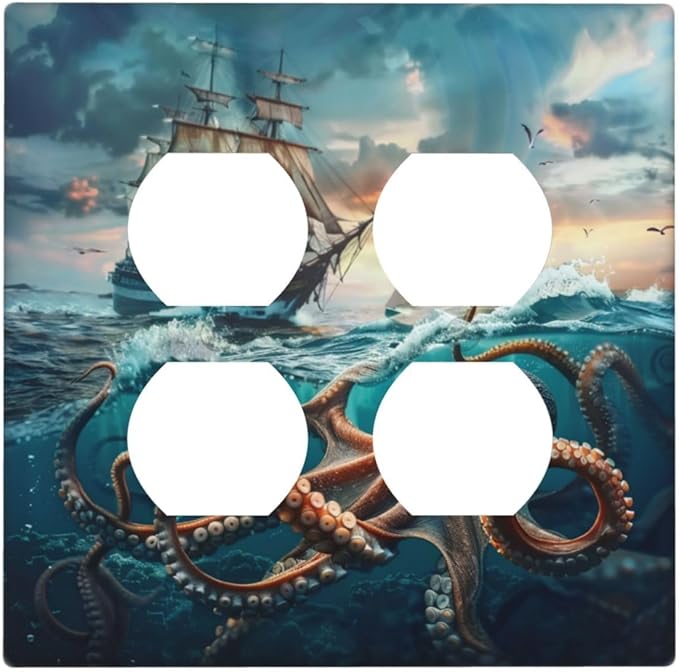 Decorative Outlet Covers Sailboat Ship Octopus Ocean Sea Waves 2 Gang Decorative Switch Plate Double Duplex Wall Plates Switch Plates and Outlet Covers for Bathroom Bedroom Decor