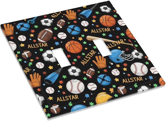 All Star Sports Double Toggle Switch Cover - 2-Gang Standard US Size Multi-Sport Light Switch Covers, Football Baseball Basketball for Boys & Girls Room Decor