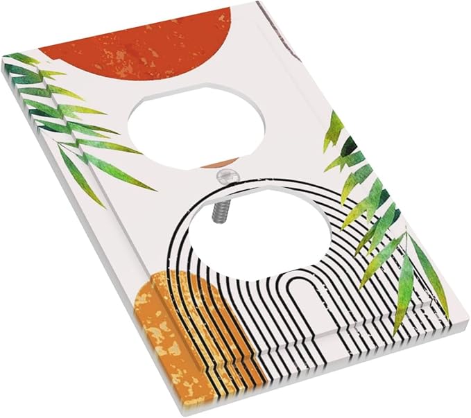 Orange Abstract Boho Modern Mid Century 1 Gang Duplex Wall Plate Receptacle Outlet Covers Bohemian Geometric Sun Arch Leaves Decorative Electrical Dual Device Light Switch Plug Socket Faceplate Cover