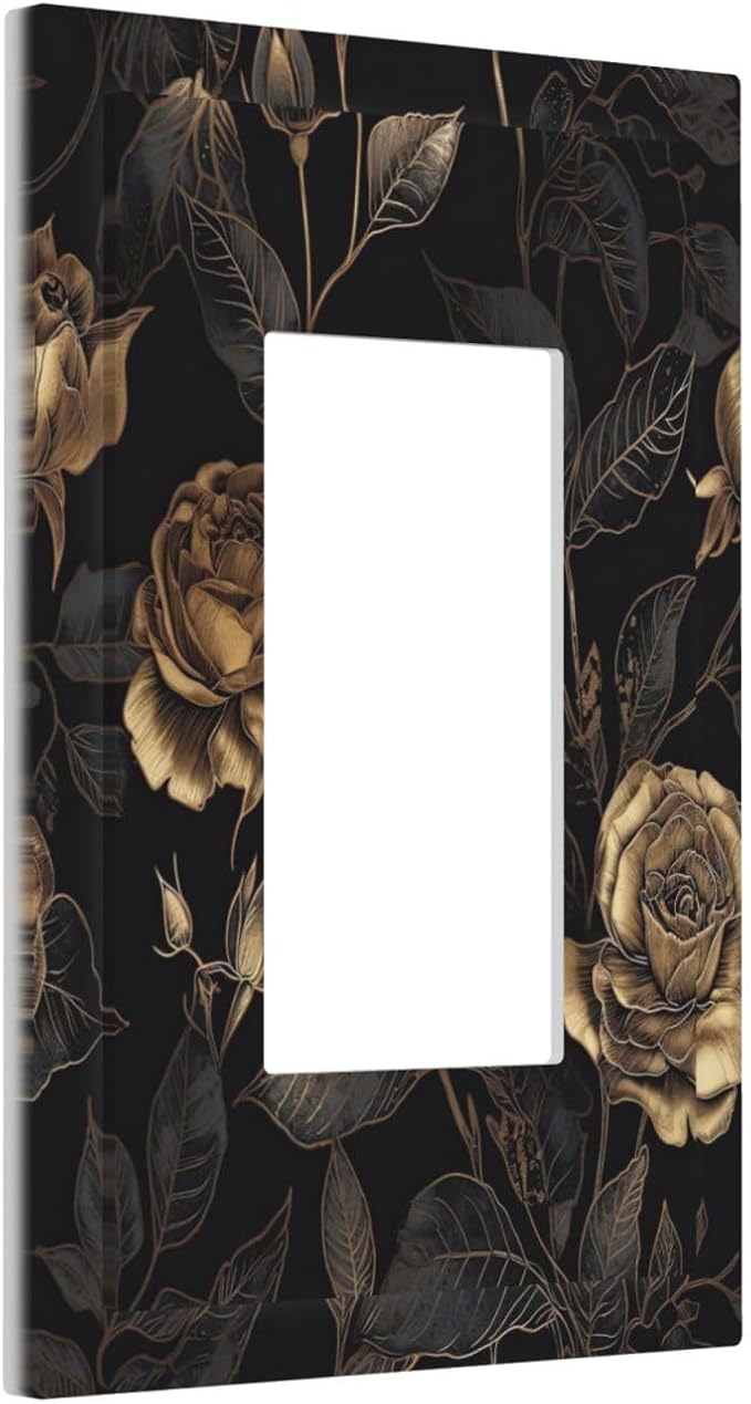 Black Floral Dark Vintage Gold Rose Flower Decorative Outlet Covers 1 Gang Single Rocker Light Switch Cover Plate Wall Plates GFCI Faceplate for Bedroom Living Room Decor