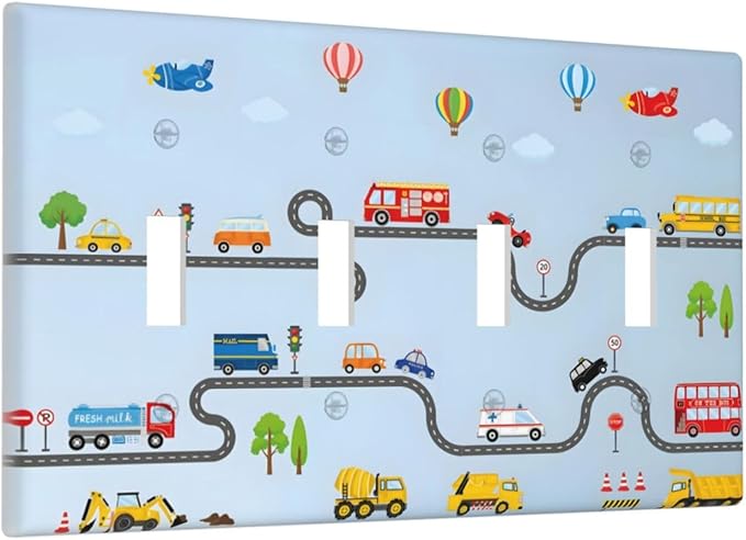 Road Construction Car Truck Hot Air Balloon Light Switch Covers Quad Toggle Electrical Faceplate 4 Gang Wall Plate Decorative Switch Plates Cover for Nursery Kids Room Decor