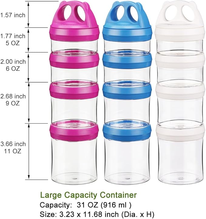 BeneLabel Stackable Food Storage Containers with Twist Lock System - BPA-Free Tritan Containers for Travel, Formula, Protein Powder, Snacks - Leakproof & Dishwasher Safe (Red&Blue&White, 31oz per)