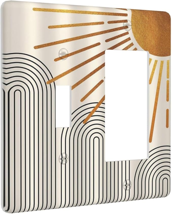 Mid Century Beige Boho Abstract Sun Vintage Arch 2 Gang Single Toggle Rocker Combination Light Switch Cover Decorative Wall Plate Cover Electrical Faceplate Switchplate for Country Bedroom Decor