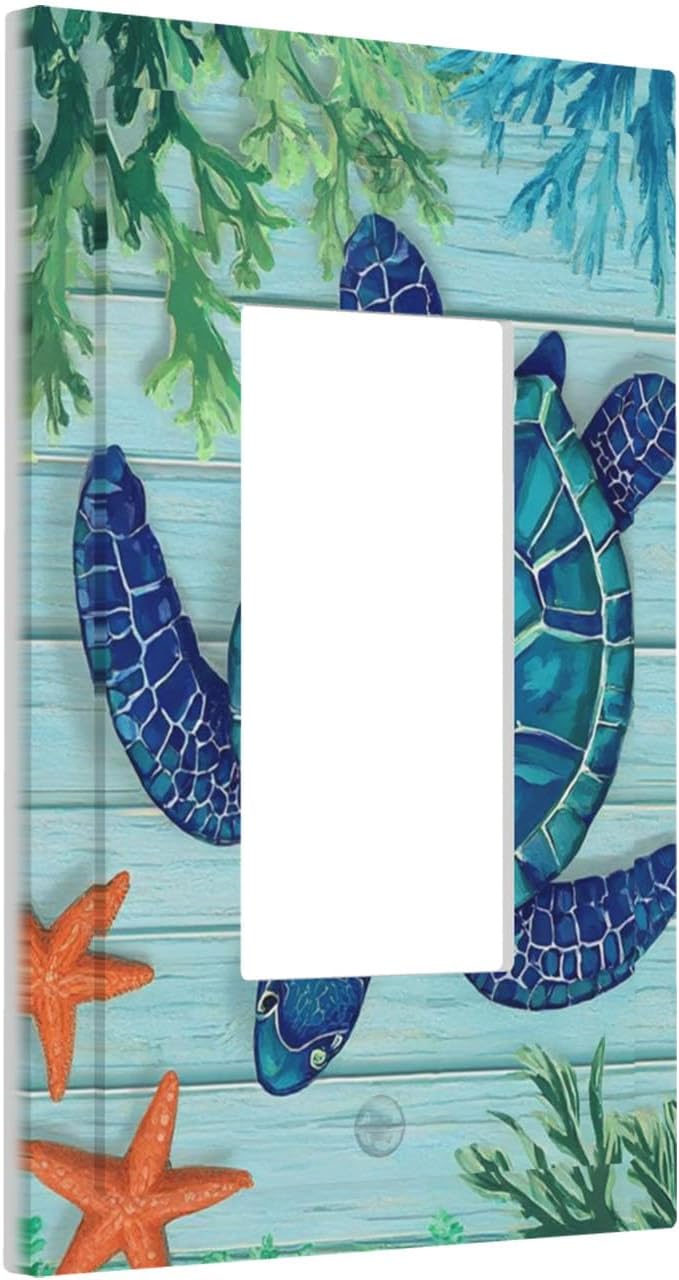 Coastal Sea Turtle Single Rocker Switch Cover - 1-Gang Standard US Size Mosaic Starfish Light Switch Covers, Nautical Ocean Theme for Coastal Homes