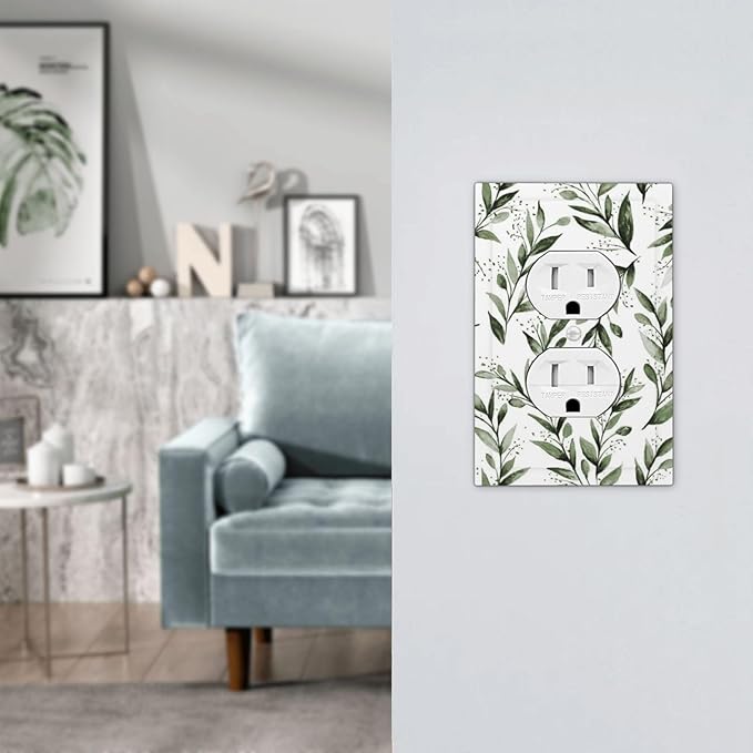 Green Leaf Olive Leaf Sage Floral Outlet Covers 1 Gang Duplex Light Switch Cover Decorative Switch Plates Electrical Receptacle Faceplate Wall Plate for Bedroom Living Room Decor