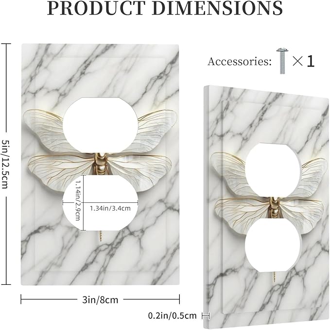 White Gold Marble Dragonfly Abstract Modern Outlet Covers 1 Gang Duplex Light Switch Cover Decorative Switch Plates Electrical Receptacle Faceplate Wall Plate for Bathroom Home Decor