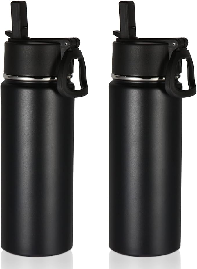 Volhoply 18oz Insulated Water Bottle Bulk 2 Pack,Kids Stainless Steel Water Bottles with Straw Lid,Wide Mouth Reusable Metal Bottle,Double Wall Vacuum Sports Flask For Cold Drink(Black,2 Set)