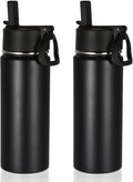 Volhoply 18oz Insulated Water Bottle Bulk 2 Pack,Kids Stainless Steel Water Bottles with Straw Lid,Wide Mouth Reusable Metal Bottle,Double Wall Vacuum Sports Flask For Cold Drink(Black,2 Set)