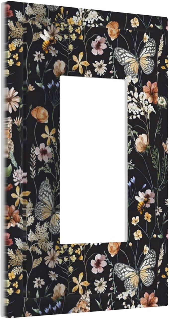 Butterfly Single Rocker Outlet Wall Plates Vintage Flower Leaves 1 Gang Light Switch Cover Decorative Dark Backgrounds Electrical GFCI Switchplate Cute Bees Dimmer Decor for Bedroom Kitchen Bathroom