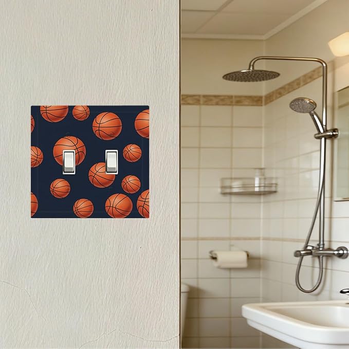 Basketball Double Toggle Switch Cover - 2-Gang Standard US Size Sports Design Navy Blue Light Switch Covers, Vintage Basketball for Boys Room