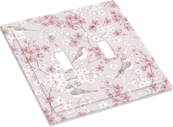 Pink Sakura Cherry Blossom Vintage Bird Floral Flower Decorative Switch Plates 2 Gang Double Toggle Outlet Light Switch Cover Wall Plate Electrical Faceplate for Bedroom Living Room Decor