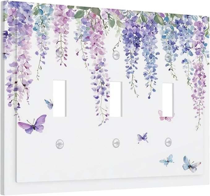 Decorative Switch Plates Purple Flowers Watercolor Floral Butterflies 3 Gang Wall Plate Triple Toggle Light Switch Cover Faceplate Electrical Wall Panels For Bed Room Living Room Decor