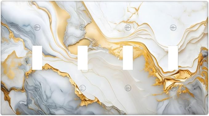 Exquisite White Gold Marble Abstract Luxurious Print Light Switch Covers Quad Toggle Electrical Faceplate 4 Gang Wall Plate Decorative Switch Plates Cover for Bathroom Kitchen Decor