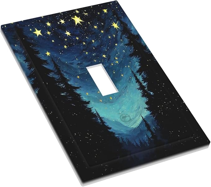 Decorative Light Switch Cover Blue Starry Sky Forest Painted Star Pine Tree Oil Painting 1 Gang Single Toggle Decorator Outlet Wall Plate Device Electrical Faceplate Switchplates for Bedroom Cabin