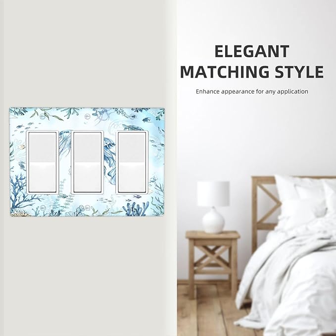 Light Switch Covers Jellyfish Teal Blue Ocean Turtle Coastal Beach 3 Gang Rocker Electrical GFCI Decorative Triple Outlet Wall Plate Cover Switchplate for Bedroom Bathroom Decor