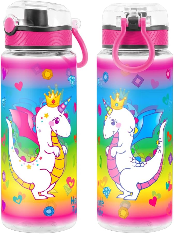Home Tune Cute Water Bottle for School Kids Girls, BPA FREE Tritan & Leak Proof & Easy Clean & Carry Handle, 23oz/ 680ml (Dragon)