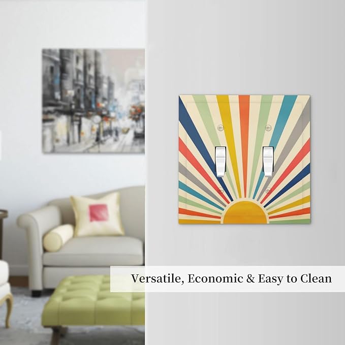 Retro Vintage Hippie Rainbow Boho 70s Mid Century Sun Abstract Sunrise Sunset Aesthetic Decorative 2-Gang Double Toggle Outlet Light Switch Wall Plate Electrical Receptacle Faceplate Cover Jumbo Size