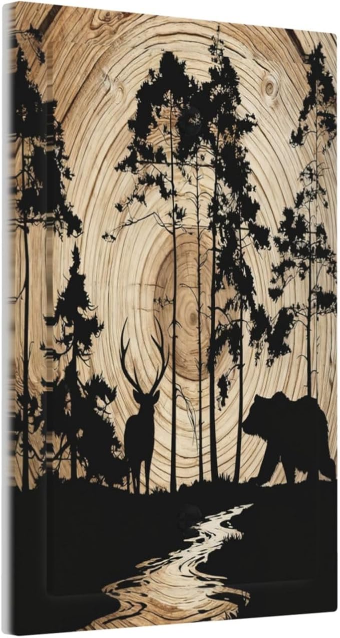 Rustic Forest Antler Black Bear Deer Silhouettes Light Switch Cover Plate 1 Gang No Device Blank Electrical Wall Plates Faceplate Decorative Switch Plate Covers for Farmhouse Home Decor
