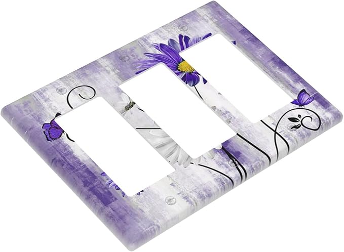 Decorative Outlet Covers Rustic Purple Daisy Butterfly Boho White Floral 3 Gang Wall Plate Cover Triple Rocker Decora Light Switch Covers Plate Jumbo Electrical GFCI Switch Plate Cover