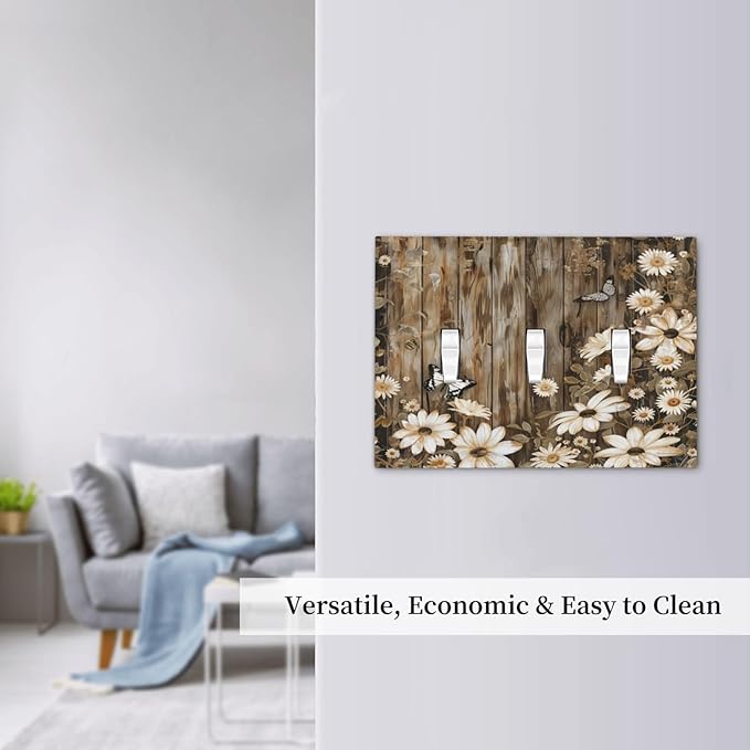 Light Switch Cover Plate Rustic Wood Butterflies Flowers Botanical 3 Gang Triple Toggle Decorative Switch Plates Wall Plates Electrical Switchplate Faceplate for Farmhouse Cabin Decor