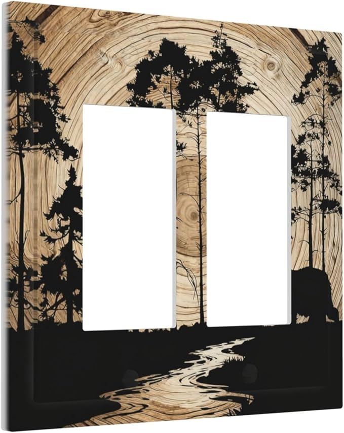 Rustic Forest Antler Black Bear Deer Silhouettes Decorative Outlet Covers 2 Gang Double GFCI Rocker Electrical Wall Panels Light Switch Cover Plate for Farmhouse Home Decor