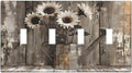 Rustic Floral Country Sunflower Daisy Old Wooden Boards Light Switch Covers Quad Toggle Electrical Faceplate 4 Gang Wall Plate Decorative Switch Plates Cover for Farmhouse Home Decor