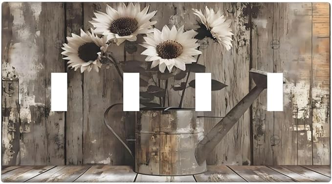 Rustic Floral Country Sunflower Daisy Old Wooden Boards Light Switch Covers Quad Toggle Electrical Faceplate 4 Gang Wall Plate Decorative Switch Plates Cover for Farmhouse Home Decor